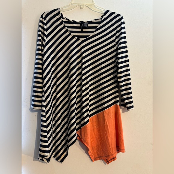 New Directions Black and White Striped Top with Orange Panel - Picture 1 of 3
